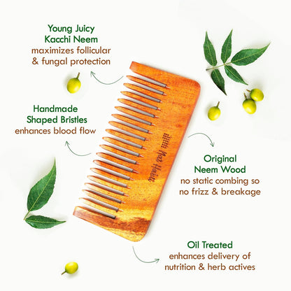 Houme Kacchi Neem Wooden Shampoo Comb -  For Post Shampoo Detangling Suited For Long & Thick Hair