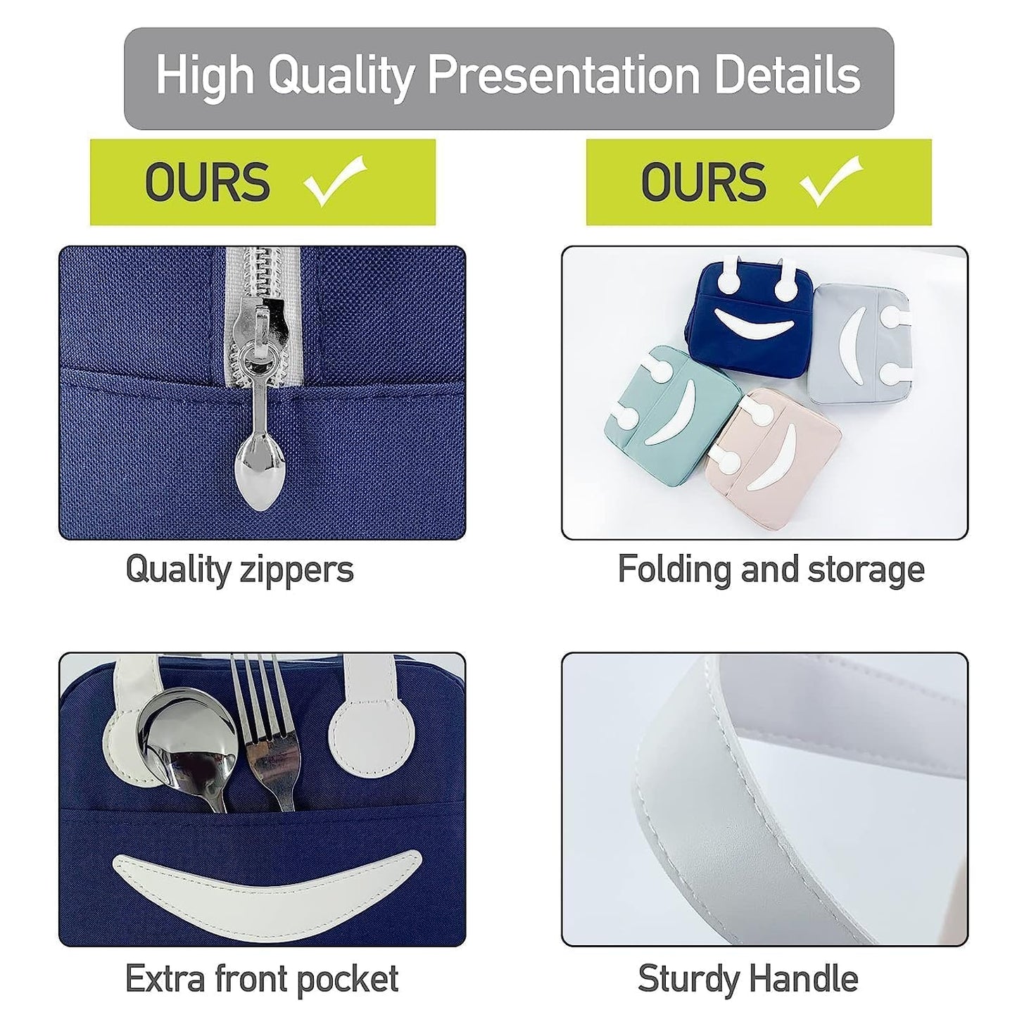 Smiley Lunch Bags for School, Office, Travel with Aluminum Lining, Leakproof | Navy Blue