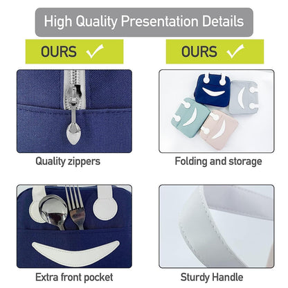 Smiley Lunch Bags for School, Office, Travel with Aluminum Lining, Leakproof | Navy Blue