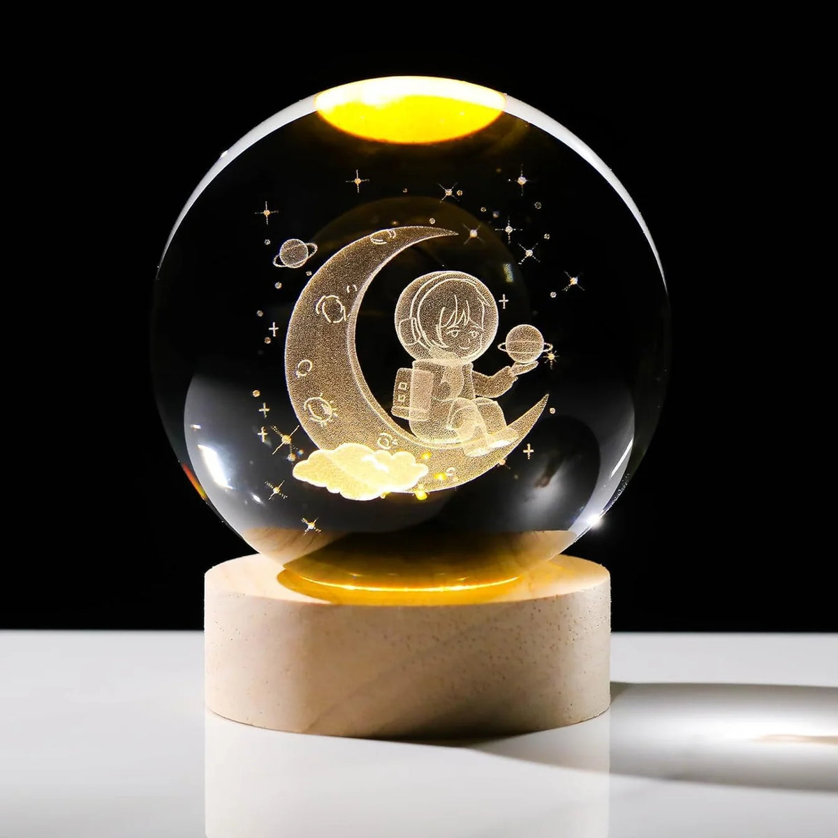 3D Crystal Night Lamp with Warm White LED & Wooden Base | 10+ Designs