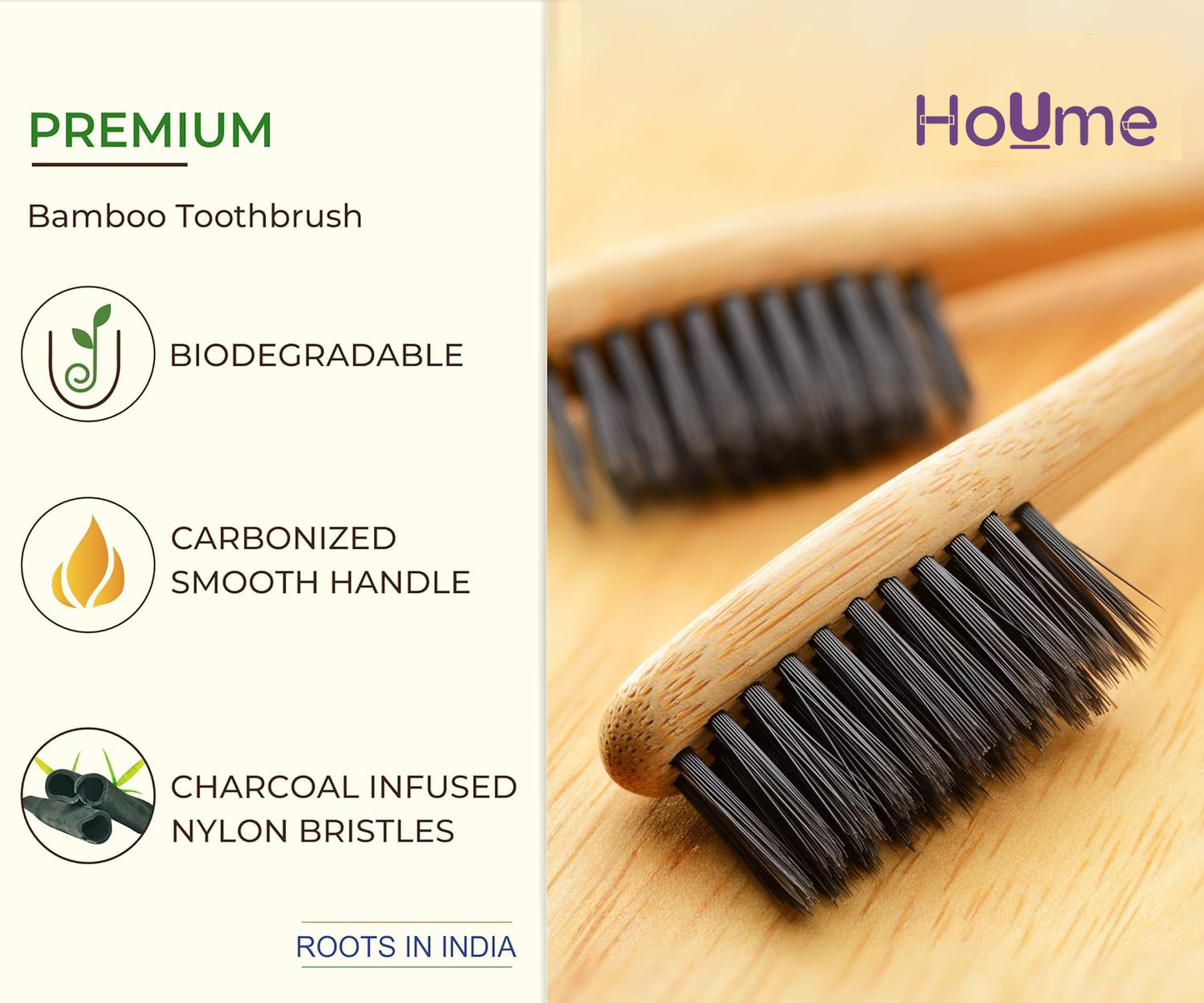 Eco Friendly Bamboo Brush For Adults, Charcoal Soft Bristle, Pack of 6