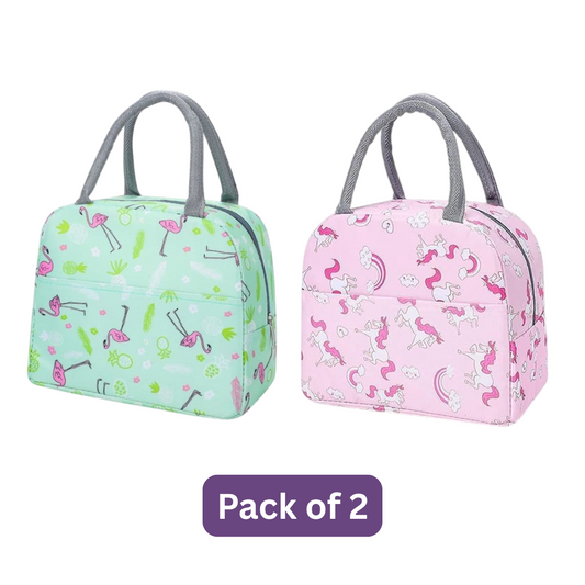 Insulated Lunch Bags For Office, School | Reusable (Green + Pink Flamingo)