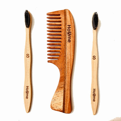 Bamboo Eco Friendly Tooth Brush(2pc) * Premium Neem Comb with Handle Set 1 Pc