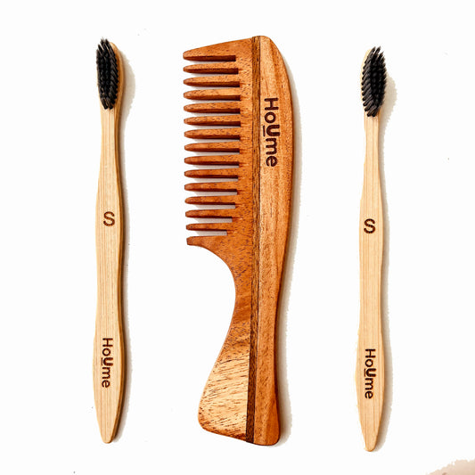 Bamboo Eco Friendly Tooth Brush(2pc) * Premium Neem Comb with Handle Set 1 Pc