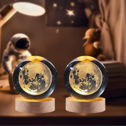 3D Moon Crystal Night Lamp with Warm White LED & Wooden Base (Pack Of 2)