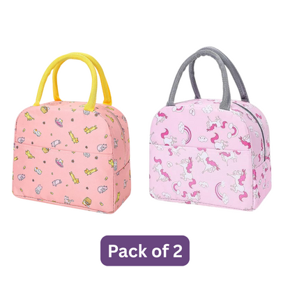 Insulated Lunch Bags For Office, School | Reusable (Orange Cat+ Pink Flamingo)