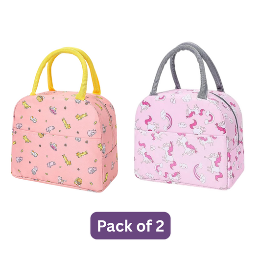 Insulated Lunch Bags For Office, School | Reusable (Orange Cat+ Pink Flamingo)