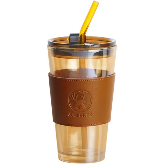 Glass Coffee Sipper Mugs with Straw and Lid Sealed with Leather Sleeve (Brown)