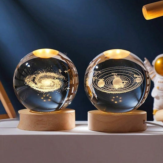 Solar + Galaxy | 3D Crystal Night Lamp with Warm White LED & Wooden Base | Pack of 2