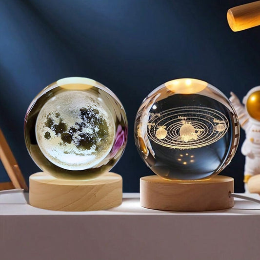 Solar + Moon | 3D Crystal Night Lamp with Warm White LED & Wooden Base | Pack of 2