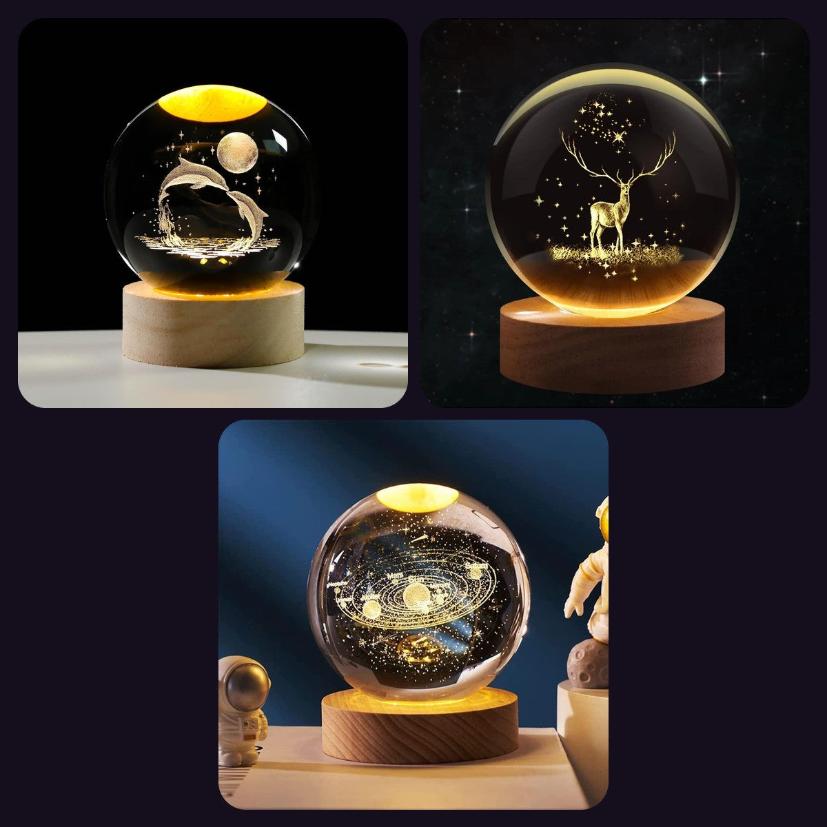 Kid Trio — Dolphin + Deer + Solar System Crystal Ball Night Lamps