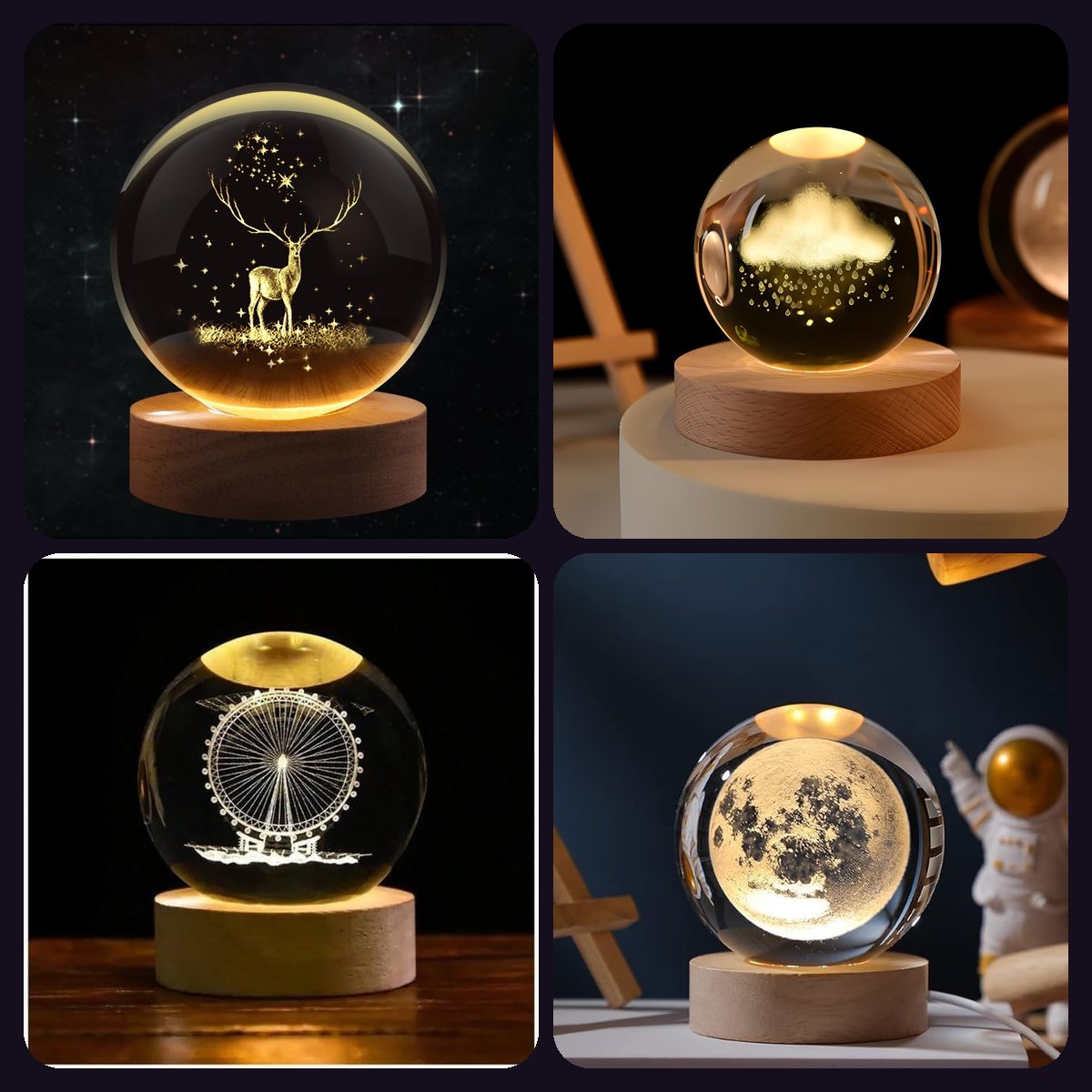New Home Set Combo crystal ball lamps — 4 lamps: Deer, Cloud, Ferris Wheel, Moon