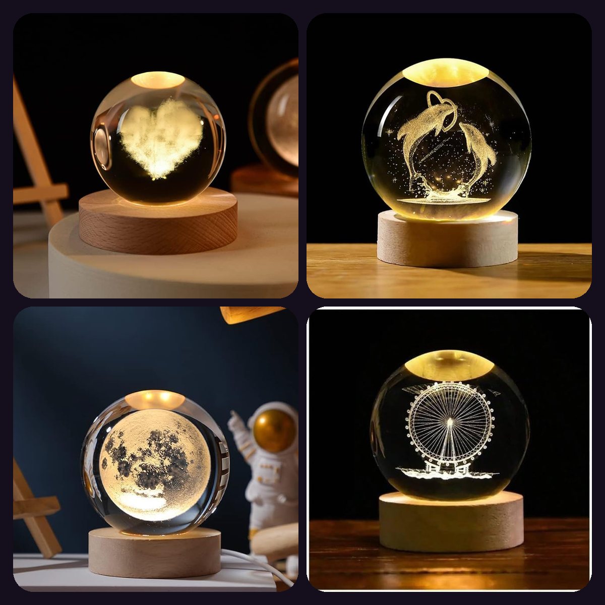 Love Set Combo crystal ball lamps — 4 lamps: Heart, Dolphin Heart, Moon, Ferris Wheel